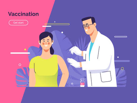 Vector illustration depicting a male doctor vaccinates a young woman patient against coronavirusのイラスト素材