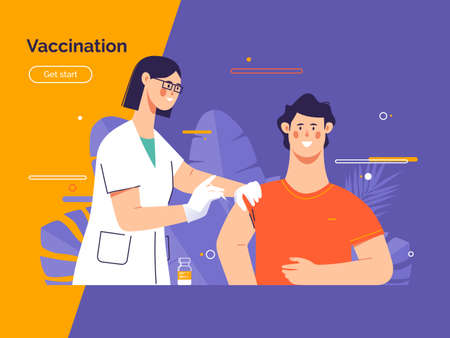 Vector illustration depicting a female doctor vaccinates a young man patient against coronavirusのイラスト素材