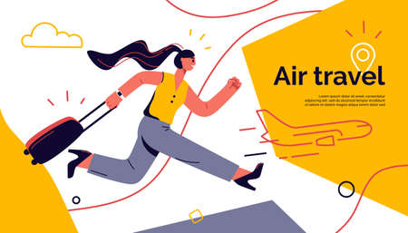 Vector illustration of a running young woman with luggage hurrying to board flightのイラスト素材