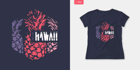 Summer graphic womens tee with pineapple, stylish print, vector illustrationのイラスト素材