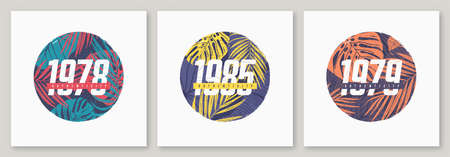 Set of colorful summer graphic t-shirt designs, tropical prints, vector illustrationsのイラスト素材