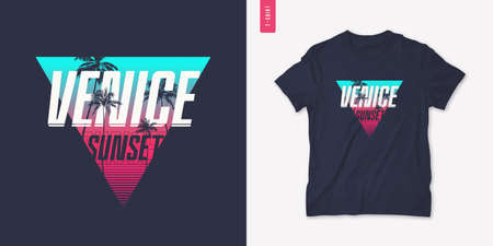 Venice sunset graphic t-shirt design with palm tress, summer retro print, vector illustrationのイラスト素材