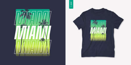 Miami Florida graphic t-shirt design with palm tress, summer retro print, vector illustrationのイラスト素材
