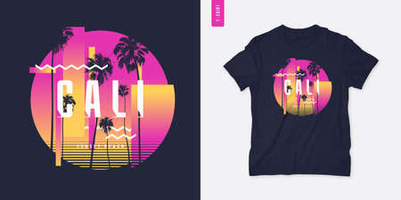 Sunset beach California graphic t-shirt design with palm tress, summer retro print, vector illustrationのイラスト素材