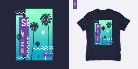 South coast graphic t-shirt design with palm trees, vector illustrationのイラスト素材
