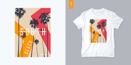 South beach graphic t-shirt design with palm trees, vector illustrationのイラスト素材