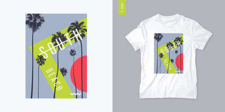 South beach graphic t-shirt design with palm trees, vector illustrationのイラスト素材
