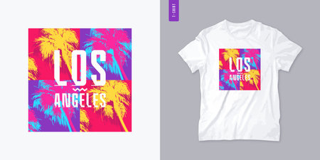 Los Angeles graphic t-shirt design with palm tress, summer retro print, colorful vector illustrationのイラスト素材