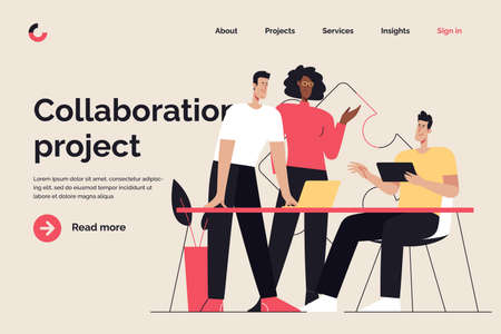 Business concept flat style outline vector illustration on the subject of collaboration, teamwork, discussing. Editable stroke.のイラスト素材