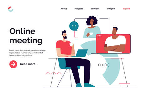 Business concept flat style outline vector illustration on the subject of online meeting, group discussion, video conference. Editable strokeのイラスト素材