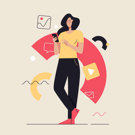 Business concept flat style outline vector illustration on the subject of social media content, communication. Editable strokeのイラスト素材