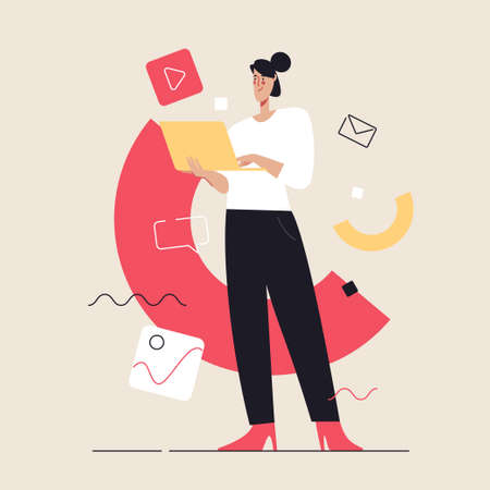 Business concept flat style outline vector illustration on the subject of social media content, communication. Editable strokeのイラスト素材