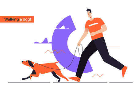 Young smiling man running a dog on a leash. Flat style outline vector illustration. Editable strokeのイラスト素材