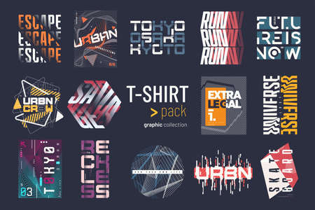 Collection of fourteen colorful vector t-shirt graphic designs, prints, illustrationsのイラスト素材