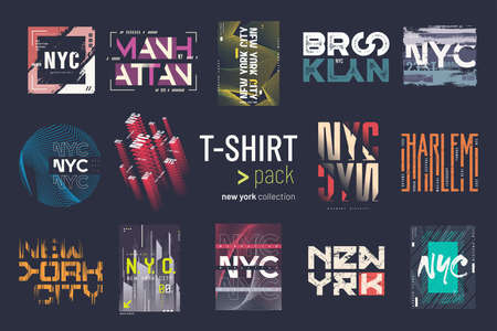 Collection of fourteen vector New york city t-shirt designs, prints, illustrationsのイラスト素材