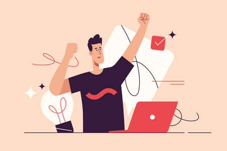 Vector illustration depicting a young man celebrating the success. Editable strokeのイラスト素材