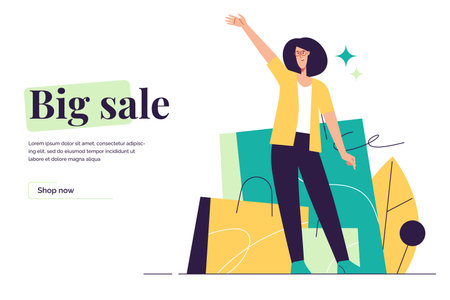 Vector illustration depicting a young happy woman standing on the background of shopping bags. Editable strokeのイラスト素材