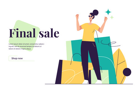 Vector illustration depicting an excited young woman standing on the background of shopping bags. Editable strokeのイラスト素材