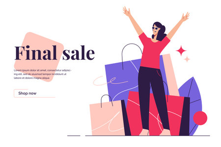 Vector illustration depicting an excited woman standing on the background of shopping bags. Editable strokeのイラスト素材
