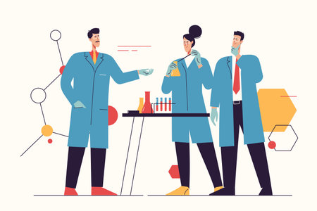 Vector illustration depicting a group of scientists working, making tests, researching in a laboratory. Editable strokeのイラスト素材