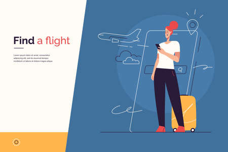Vector illustration on the subject of traveling, searching and purchasing of plane tickets, online flight booking via smartphone. Editable strokeのイラスト素材