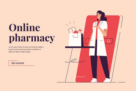 Vector illustration on the subject of online pharmacy, medicines ordering via smartphone. Editable strokeのイラスト素材