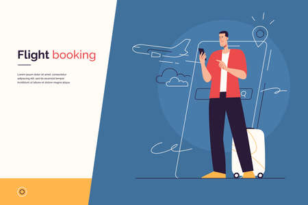 Vector illustration on the subject of traveling, searching and purchasing of plane tickets, online flight booking via smartphone. Editable strokeのイラスト素材