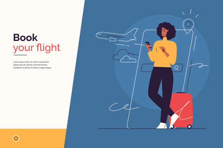 Vector illustration on the subject of traveling, searching and purchasing of plane tickets, online flight booking via smartphone. Editable strokeのイラスト素材