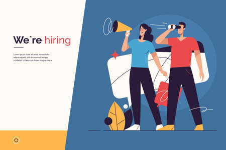 Vector illustration on the subject of hiring, new employees recruiting, announcement and promotion. Editable strokeのイラスト素材