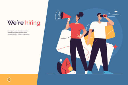 Vector illustration on the subject of hiring, new employees recruiting, announcement and promotion. Editable strokeのイラスト素材