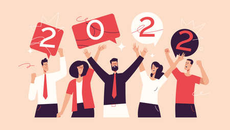 Vector illustration depicting a group of office workers celebrating the new year 2022. Editable strokeのイラスト素材