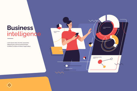 Vector illustration on the subject of data gathering, business intelligence, digital solutions. Editable strokeのイラスト素材