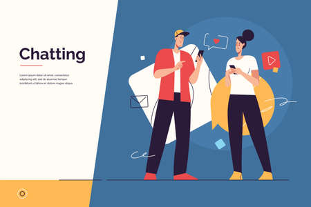 Vector illustration depicting a young couple chatting using mobile phones. Editable strokeのイラスト素材