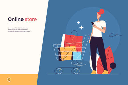 Vector illustration depicting a young woman with phone and shopping cart on the subject of sale, promotions, online shopping. Editable strokeのイラスト素材