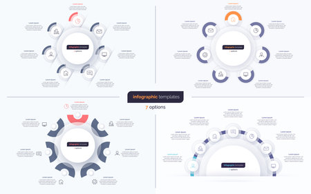 Set of seven option circle infographic design templates. Vector illustratioのイラスト素材