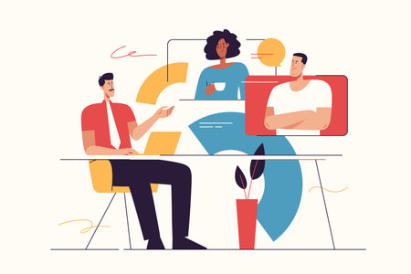 Vector illustration on the subject of video conference, online meeting, group discussion. Editable strokeのイラスト素材