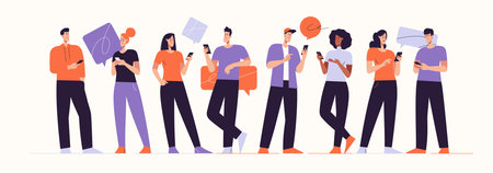 Vector illustration depicting a young people chatting using mobile phones. Editable strokeのイラスト素材