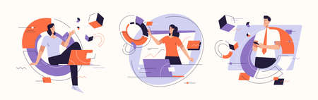 Vector illustrations on the subject of data gathering, business intelligence, digital solutions. Editable strokeのイラスト素材