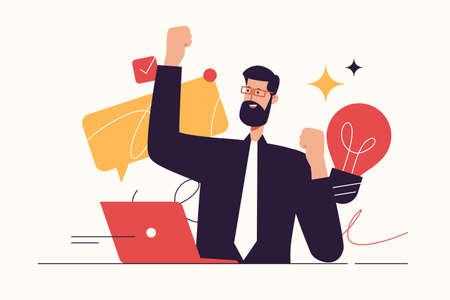 Vector illustration depicting a happy businessman finding an effective solution. Editable strokeのイラスト素材