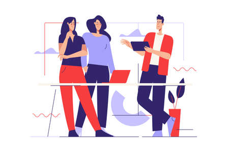 Vector outline illustration on the subject of office work, business meeting. Editable strokeのイラスト素材