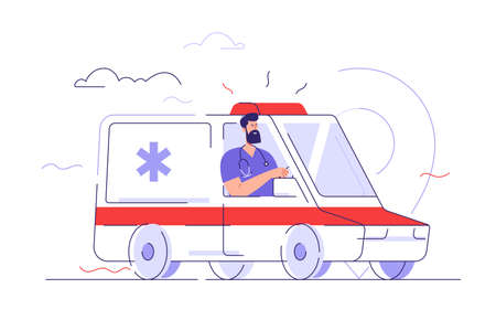 Vector outline illustration depicting paramedic driving an ambulance vehicle. Editable strokeのイラスト素材