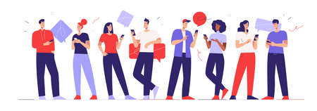 Vector illustration depicting a young people chatting using mobile phones. Editable strokeのイラスト素材