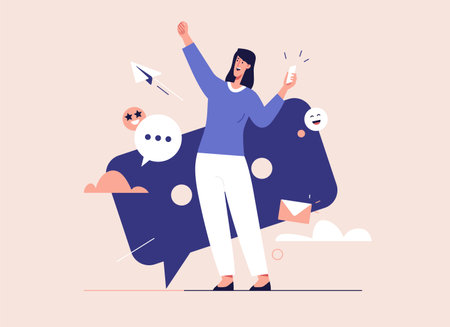 Vector illustration of laughing cheerful young woman with smartphone. Editable strokeのイラスト素材