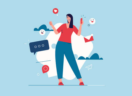 Vector illustration of laughing cheerful young woman with smartphone. Editable strokeのイラスト素材