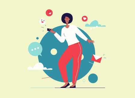 Vector illustration of laughing cheerful young woman with smartphone. Editable stroke