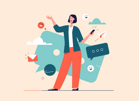 Vector illustration of laughing cheerful young woman with smartphone. Editable strokeのイラスト素材