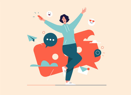 Vector illustration of laughing cheerful young woman with smartphone. Editable strokeのイラスト素材