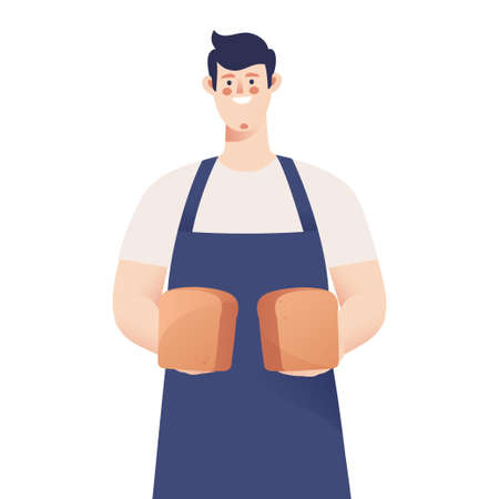 Portrait of a male baker holding bread loafs. Vector illustrationのイラスト素材