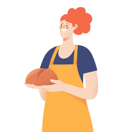 Portrait of a female baker holding bread. Vector illustrationのイラスト素材