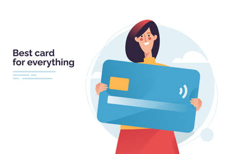 Vector illustration depicting a woman holding debit or credit payment cardのイラスト素材